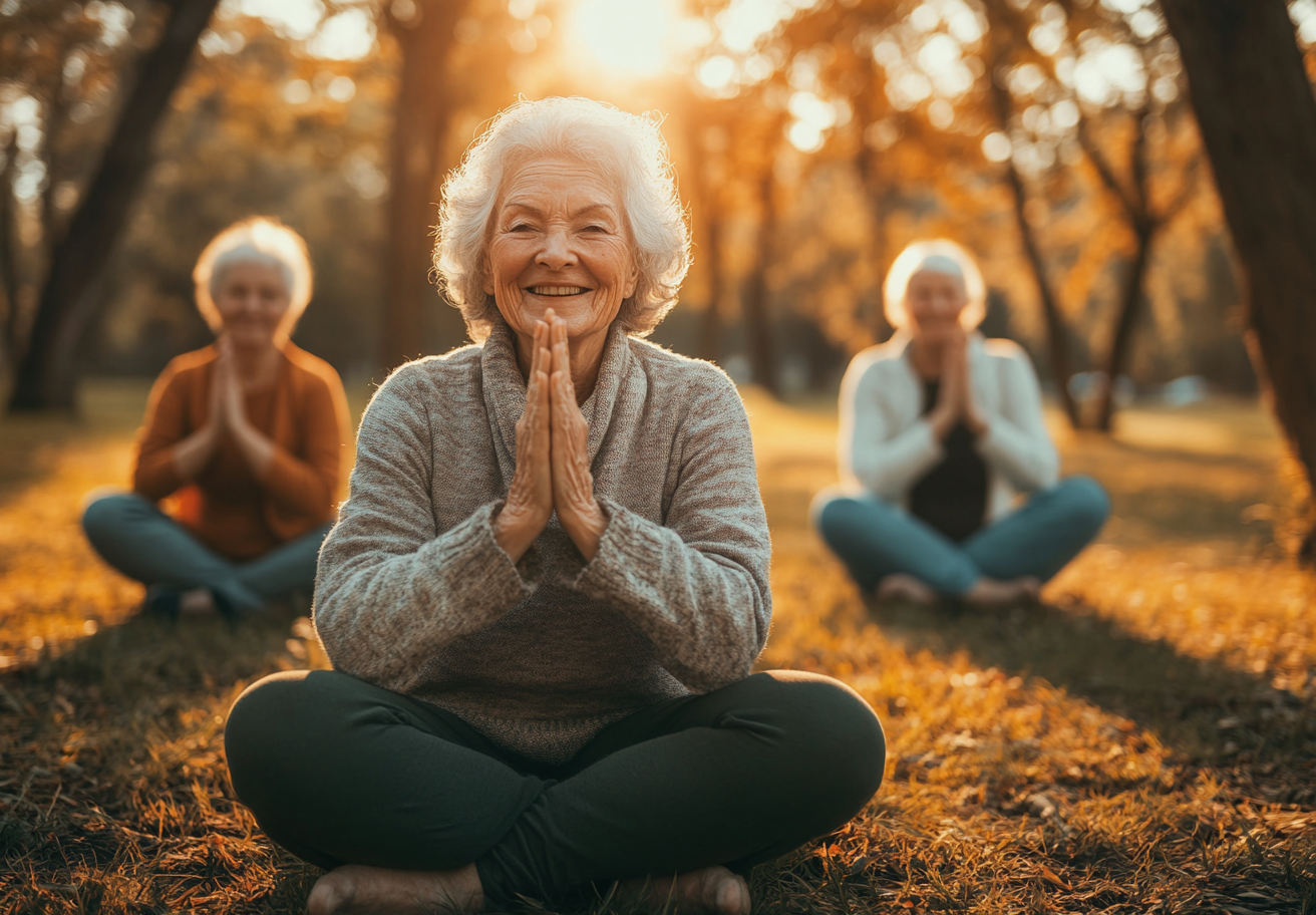 Людина старшого віку практикує йогу з використанням технологічного пристрою